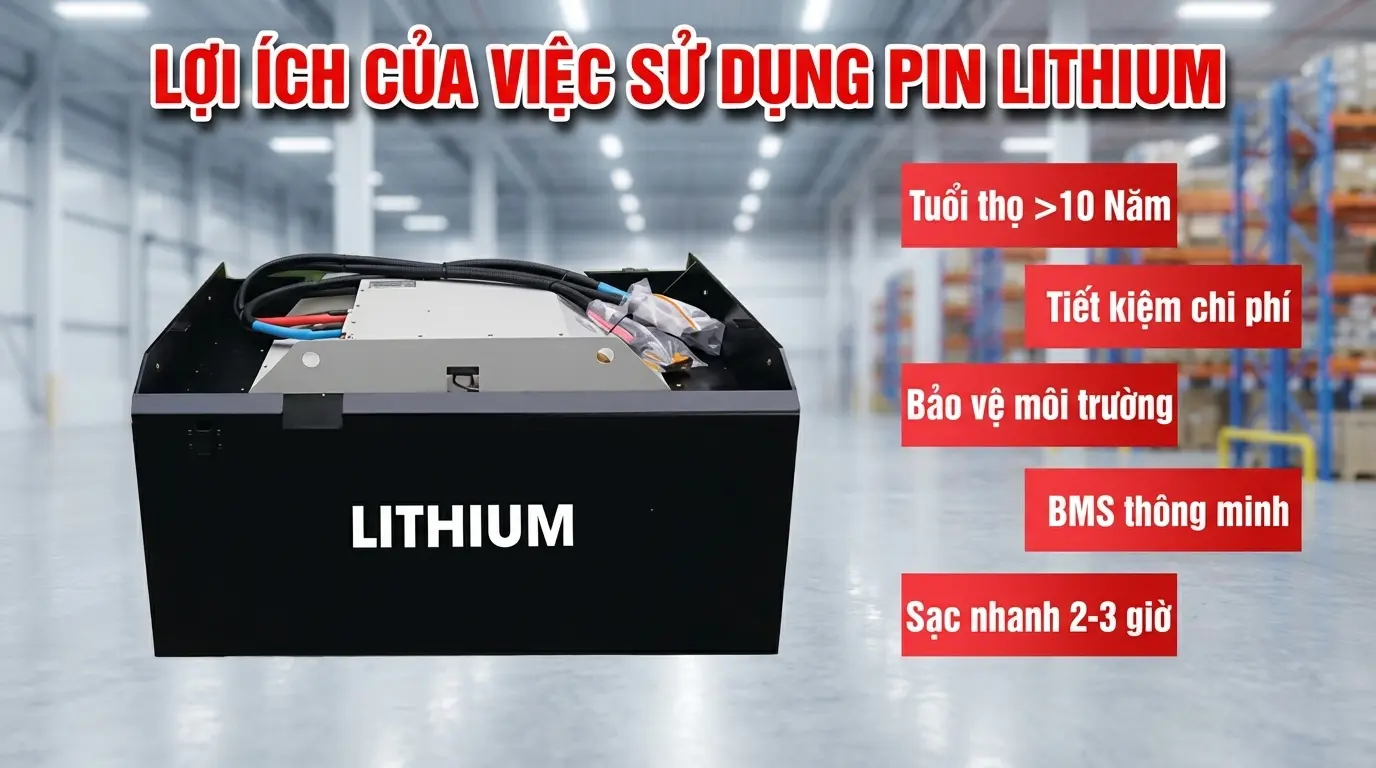 pin lithium xe nâng nhà máy thực tế