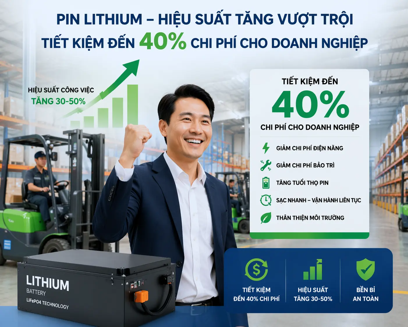 pin lithium xe nâng tiết kiệm chi phí thực tế